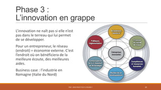Phase 3 :
L’innovation en grappe
L’innovation ne naît pas si elle n’est
pas dans le terreau qui lui permet
de se développer.
Pour un entrepreneur, le réseau
(endroit) = économie externe. C’est
l’endroit où on bénéficiera de la
meilleure écoute, des meilleures
aides.
Business case : l’industrie en
Romagne (Italie du Nord)
PS07 - MON PROJET PEUT-IL RÉUSSIR ? 20
 