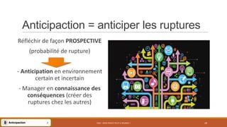 Anticipaction = anticiper les ruptures
PS07 - MON PROJET PEUT-IL RÉUSSIR ? 28
Réfléchir de façon PROSPECTIVE
(probabilité de rupture)
- Anticipation en environnement
certain et incertain
- Manager en connaissance des
conséquences (créer des
ruptures chez les autres)
 