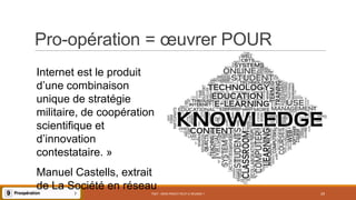 Pro-opération = œuvrer POUR
PS07 - MON PROJET PEUT-IL RÉUSSIR ? 29
Internet est le produit
d’une combinaison
unique de stratégie
militaire, de coopération
scientifique et
d’innovation
contestataire. »
Manuel Castells, extrait
de La Société en réseau
 