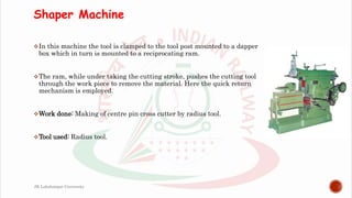 Shaper Machine
In this machine the tool is clamped to the tool post mounted to a dapper
box which in turn is mounted to a reciprocating ram.
The ram, while under taking the cutting stroke, pushes the cutting tool
through the work piece to remove the material. Here the quick return
mechanism is employed.
Work done: Making of centre pin cross cutter by radius tool.
Tool used: Radius tool.
JK Lakshmipat University
 