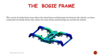THE BOGIE FRAME
 This can be of inside frame type where the main frame and bearings are between the wheels, or (more
commonly) of outside frame type where the main frame and bearings are outside the wheels.
JK Lakshmipat University
 