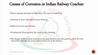 Causes of Corrosion in Indian Railway Coaches:
Water seepage through the flooring to the top of trough floor.
Leakage of water through lavatory flooring.
Defective water pipe fittings.
Flushing the flooring with the water jet for cleaning.
The design of the window seal leaves the gap between the side panel to allow the rain
water flow through the panel and to drain out at the bottom.
JK Lakshmipat University
 