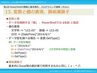 Techno Walker Inc. All rights reserved. 文書・画像等の無断使用・転載を禁止します。
■変数と値
・データを格納する「箱」 、PowerShellでは $名前 と指定
・値の表現
文字列 ⇒ “123.45” 数値 ⇒ 123.45
日付 ⇒ [DateTime]“2014/4/1”
・データ型を調べる場合 ⇒ 変数.GetType()
例）データ型を確認
$a = “2014/4/1”
$b = [DateTime]”2014/4/1” #文字列を日時型に変換
$a.GetType()
$b.GetType()
■算術演算子
基本的にExcel等の表計算で利用するものと同じ（ + - * /）
第1回 PowerShellの概要と基本操作、プログラミング基礎（その1）
13. 変数と値の表現、算術演算子
TW社内セミナー システム運用・構築技術者のためのPowerShellプログラミング
 