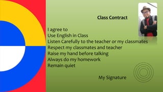 Class Contract
I agree to
Use English in Class
Listen Carefully to the teacher or my classmates
Respect my classmates and teacher
Raise my hand before talking
Always do my homework
Remain quiet
My Signature
 