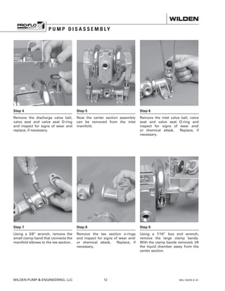 WILDEN PUMP  ENGINEERING, LLC	 12	 WIL-10470-E-01
P U M P D I S A S S E M B L Y
Step 7
Using a 3/8” wrench, remove the
small clamp band that connects the
manifold elbows to the tee section.
Step 8
Remove the tee section o-rings
and inspect for signs of wear and/
or chemical attack. Replace, if
necessary.
Step 9
Using a 7/16” box end wrench,
remove the large clamp bands.
With the clamp bands removed, lift
the liquid chamber away from the
center section.
Step 4
Remove the discharge valve ball,
valve seat and valve seat O-ring
and inspect for signs of wear and
replace, if necessary.
Step 5
Now the center section assembly
can be removed from the inlet
manifold.
Step 6
Remove the inlet valve ball, valve
seat and valve seat O-ring and
inspect for signs of wear and/
or chemical attack. Replace, if
necessary.
 