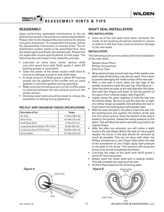REASSEMBLY:
Upon performing applicable maintenance to the air
distributionsystem,thepumpcannowbereassembled.
Please refer to the disassembly instructions for photos
and parts placement. To reassemble the pump, follow
the disassembly instructions in reverse order. The air
distribution system needs to be ­assembled first, then
the diaphragms and finally the wetted path. Please find
the applicable torque specifications on this page. The
following tips will assist in the assembly process.
•	Lubricate air valve bore, center section shaft
and pilot spool bore with NLGI grade 2 white EP
bearing grease or equivalent.
•	Clean the inside of the center section shaft bore to
ensure no damage is done to new shaft seals.
•	A small amount of NLGI grade 2 white EP bearing
grease can be applied to the muffler and air valve
gaskets to lubricate gaskets during assembly.
•	Make sure that the exhaust port on the muffler plate
is centered between the two exhaust ports on the
center section.
•	Stainless steel bolts should be lubed to reduce the
possibility of seizing during tightening.
PRO-FLO®
SHIFT MAXIMUM TORQUE SPECIFICATIONS
Description of Part Torque
Air Valve 11.3 N•m (100 in-lb)
Outer Piston 14.1 N•m (125 in-lb)
Small Clamp Band 1.7 N•m (15 in-lb)
Large Clamp Band (Rubber/TPE-Fitted) 9.0 N•m (80 in-lb)
Large Clamp Band (PTFE-Fitted) 13.6 N•m (120 in-lb)
Vertical Bolts 14.1 N•m (125 in-lb)
SHAFT SEAL INSTALLATION:
PRE-INSTALLATION
•	Once all of the old seals have been removed, the
inside of the bushing should be cleaned to ensure
no debris is left that may cause premature damage
to the new seals.
INSTALLATION
The following tools can be used to aid in the installation
of the new seals:
	 Needle-Nose Pliers
	 Phillips Screwdriver
	 Electrical Tape
•	Wrap electrical tape around each leg of the needle-nose
pliers (heat shrink tubing may also be used). This is done
to prevent damaging the inside surface of the new seal.
•	With a new seal in hand, place the two legs of the
needle-nose pliers inside the seal ring. (See Figure A.)
•	Open the pliers as wide as the seal diameter will allow,
then with two fingers pull down on the top portion of
the seal to form a kidney shape. (See Figure B.)
•	Lightly clamp the pliers together to hold the seal into
the kidney shape. Be sure to pull the seal into as tight
of a kidney shape as possible, this will allow the seal to
travel down the bushing bore with greater ease.
•	With the seal clamped in the pliers, insert the seal into
the bushing bore and position the bottom of the seal
into the correct groove. Once the bottom of the seal is
seated in the groove, release the clamp pressure on the
pliers. This will allow the seal to partially snap back to its
original shape.
•	After the pliers are removed, you will notice a slight
bump in the seal shape. Before the seal can be properly
resized, the bump in the seal should be removed as
much as possible. This can be done with either the
Phillips screwdriver or your finger. With either the side
of the screwdriver or your finger, apply light pressure
to the peak of the bump. This pressure will cause the
bump to be almost completely eliminated.
•	Lubricate the edge of the shaft with NLGI grade 2
white EP bearing grease.
•	Slowly insert the center shaft with a rotating motion.
This will complete the resizing of the seal.
•	 Perform these steps for the remaining seals.
WIL-10470-E-01	17	 WILDEN PUMP  ENGINEERING, LLC
Figure A
SHAFT SEAL
TAPE
Figure B
SHAFT SEAL
TAPE
NEEDLE-NOSE
PLIERS
R E A S S E M B L Y H I N T S  T I P S
 