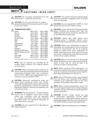 WIL-10470-E-01	 1	 WILDEN PUMP & ENGINEERING, LLC
1 
4°C to 149°C (40°F to 300°F) - 13 mm (1/2") and 25 mm (1") models only.
	 CAUTION: Do not apply compressed air to the
exhaust port — pump will not function.
	CAUTION: Do not over-lubricate air supply —
excesslubricationwillreducepumpperformance.
Pump is pre-lubed.
	TEMPERATURE LIMITS:
	 Acetal	 –29°C to 82°C	 –20°F to 180°F
	 Buna-N	 –12°C to 82°C	 10°F to 180°F
	Geolast®
	 –40°C to 82°C	 –40°F to 180°F
	 Neoprene	 –18°C to 93°C	 0°F to 200°F
	Nordel®
EPDM	 –51°C to 138°C	 –60°F to 280°F
	 Nylon	 –18°C to 93°C	 0°F to 200°F
	 PFA	 –7°C to 107°C	 45°F to 225°F
	 Polypropylene	 0°C to 79°C 	 32°F to 175°F
	 Polyurethane	 –12°C to 66°C 	 10°F to 150°F
	 PVDF	 –12°C to 107°C	 10°F to 225°F
	 Saniflex™	 –29°C to 104°C	 –20°F to 220°F
	 SIPD PTFE with EPDM-backed	 4°C to 137°C	 40°F to 280°F
	 SIPD PTFE with Neoprene-backed	 4°C to 93°C	 40°F to 200°F
	PTFE 1
	 4°C to 104°C	 40°F to 220°F
	Viton®
FKM	 –40°C to 177°C	 –40°F to 350°F
	 Wil-Flex™	 –40°C to 107°C	 –40°F to 225°F

	 NOTE: Not all materials are available for all
models. Refer to Section 2 for material options
for your pump.
	CAUTION: When choosing pump materials, be
sure to check the temperature limits for all wetted
components. Example: Viton®
has a maximum
limit of 177°C (350°F) but polypropylene has a
maximum limit of only 79°C (175°F).
	CAUTION: Maximum temperature limits are
based upon mechanical stress only. Certain
chemicals will significantly reduce maximum safe
operating temperatures. Consult the Chemical
Resistance Guide for chemical compatibility and
temperature limits.
	WARNING: Prevent sparking — If static sparking
occurs, fire or explosion could result. Pump,
valves and containers must be grounded
to a proper grounding point when handling
flammable fluids and whenever discharge of
static electricity is a hazard.
	CAUTION: Do not exceed 8.6 bar (125 psig) air
supply pressure.
	CAUTION: The process fluid and cleaning fluids
must be chemically compatible with all wetted
pump components.
	CAUTION: Do not exceed 82°C (180°F) air inlet
temperature for Pro-Flo®
SHIFT models.
	CAUTION: Pumps should be thoroughly flushed
before installing into process lines. FDA- and
USDA-approved pumps should be cleaned and/
or sanitized before being used.
	CAUTION: Always wear safety glasses when
operating pump. If diaphragm rupture occurs,
material being pumped may be forced out air exhaust.
	CAUTION: Before any maintenance or repair is
attempted, the compressed air line to the pump
should be disconnected and all air pressure
allowed to bleed from pump. Disconnect all
intake, discharge and air lines. Drain the pump
by turning it upside down and allowing any fluid
to flow into a suitable container.
	CAUTION: Blow out air line for 10 to 20 seconds
before attaching to pump to make sure all pipeline
debris is clear. Use an in-line air filter. A 5μ
(micron) air filter is recommended.
	NOTE: When installing PTFE diaphragms, it is
important to tighten outer pistons simultaneously
(turning in opposite directions) to ensure tight fit.
(See torque specifications in Section 7.)
	NOTE: Some PTFE-fitted pumps come standard
from the factory with expanded PTFE gaskets
installed in the diaphragm bead of the liquid
chamber. PTFE gaskets cannot be re-used.
	NOTE: Before starting disassembly, mark a line
from each liquid chamber to its corresponding air
chamber. This line will assist in proper alignment
during reassembly.
	CAUTION: Pro-Flo®
pumps cannot be used
in submersible applications. Pro-Flo®
SHIFT
pumps do have a single-point exhaust option for
submersible applications. Do not use standard Pro-
Flo®
SHIFT models in submersible applications.
	CAUTION: Tighten all hardware prior to installation.
S e c t i o n 1
C A U T I O N S — R E A D F I R S T !
 