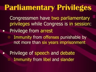 Parliamentary Privileges Congressmen have  two parliamentary privileges  while Congress is  in session : Privilege from  arrest Immunity  from  offenses  punishable by not more than  six years imprisonment Privilege of  speech  and  debate Immunity  from  libel  and  slander 