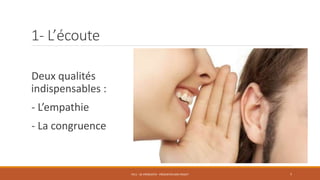 1- L’écoute
Deux qualités
indispensables :
- L’empathie
- La congruence
PS11 - SE PRÉSENTER - PRÉSENTER SON PROJET 7
 