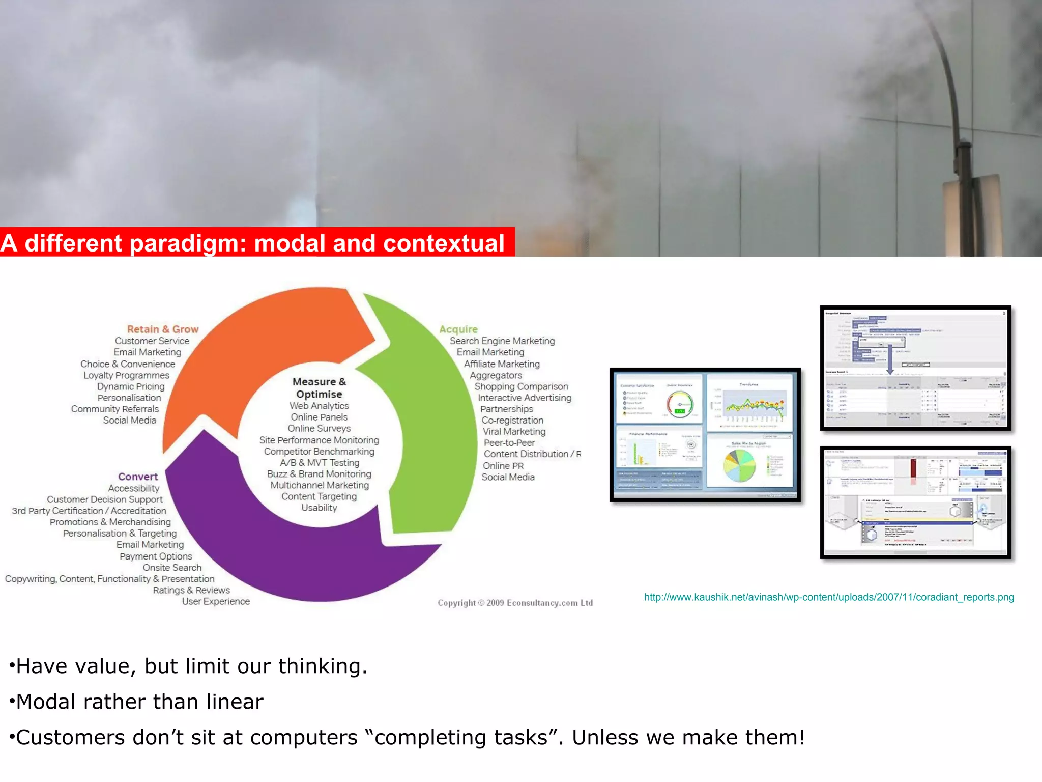 Have value, but limit our thinking. Modal rather than linear Customers don’t sit at computers “completing tasks”. Unless we make them! http://www.kaushik.net/avinash/wp-content/uploads/2007/11/coradiant_reports.png   A different paradigm: modal and contextual  
