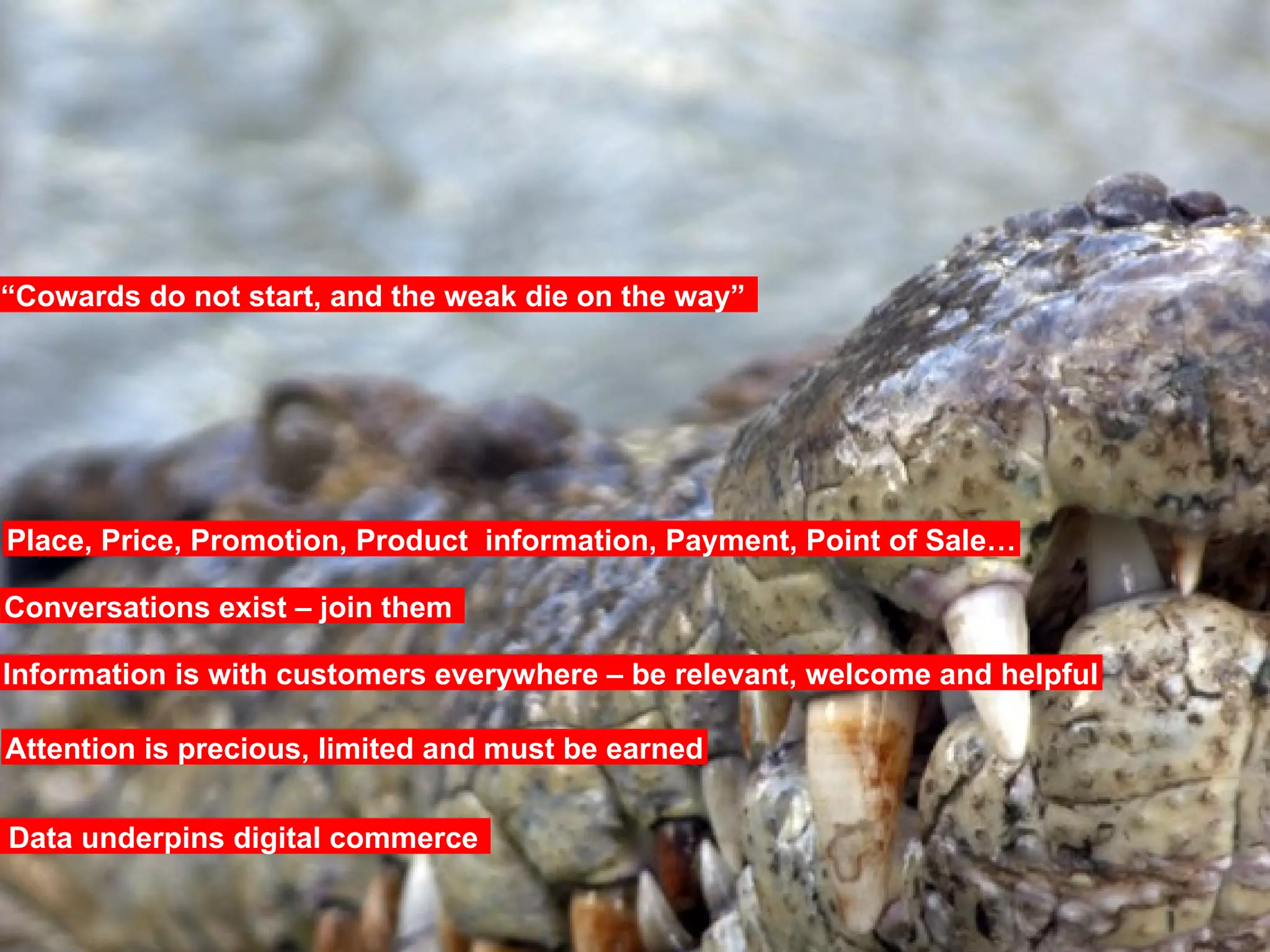 “ Cowards do not start, and the weak die on the way”  Place, Price, Promotion, Product  information, Payment, Point of Sale… Attention is precious, limited and must be earned Information is with customers everywhere – be relevant, welcome and helpful Conversations exist – join them  Data underpins digital commerce  