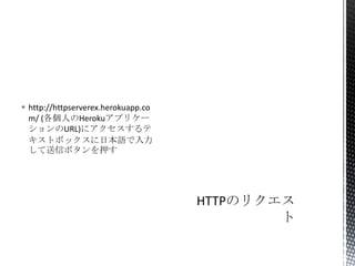  http://httpserverex.herokuapp.co
m/ (各個人のHerokuアプリケー
ションのURL)にアクセスするテ
キストボックスに日本語で入力
して送信ボタンを押す

 
