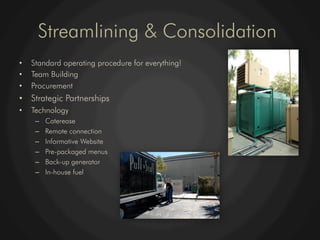 Streamlining & Consolidation
•    Standard operating procedure for everything!
•    Team Building
•    Procurement
•  Strategic Partnerships
•    Technology
      –    Caterease
      –    Remote connection
      –    Informative Website
      –    Pre-packaged menus
      –    Back-up generator
      –    In-house fuel
 