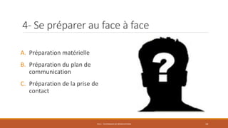 4- Se préparer au face à face
A. Préparation matérielle
B. Préparation du plan de
communication
C. Préparation de la prise de
contact
PS12 - TECHNIQUES DE NÉGOCIATIONS 18
 