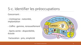 Concernant :
- L’entreprise : notoriété,
implantation
- L’offre : gamme, renouvellement
- Après-vente : disponibilité,
écoute
Facturation : prix, simplicité
PS12 - TECHNIQUES DE NÉGOCIATIONS 32
5-c. Identifier les préoccupations
 