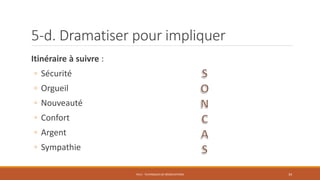 Itinéraire à suivre :
◦ Sécurité
◦ Orgueil
◦ Nouveauté
◦ Confort
◦ Argent
◦ Sympathie
PS12 - TECHNIQUES DE NÉGOCIATIONS 34
5-d. Dramatiser pour impliquer
 