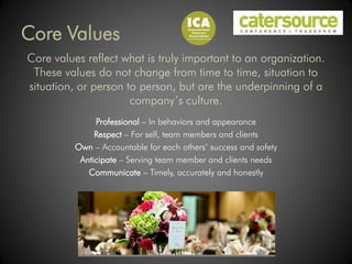 Core Values
Core values reflect what is truly important to an organization.
 These values do not change from time to time, situation to
situation, or person to person, but are the underpinning of a
                      company’s culture.
               Professional – In behaviors and appearance
               Respect – For self, team members and clients
          Own – Accountable for each others’ success and safety
           Anticipate – Serving team member and clients needs
             Communicate – Timely, accurately and honestly
 