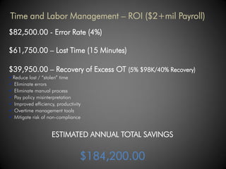 Time and Labor Management – ROI ($2+mil Payroll)
$82,500.00 - Error Rate (4%)

$61,750.00 – Lost Time (15 Minutes)

$39,950.00 – Recovery of Excess OT (5% $98K/40% Recovery)
Reduce lost / “stolen” time
 Eliminate errors
 Eliminate manual process
 Pay policy misinterpretation
 Improved efficiency, productivity
 Overtime management tools
 Mitigate risk of non-compliance


                    ESTIMATED ANNUAL TOTAL SAVINGS


                                  $184,200.00
 