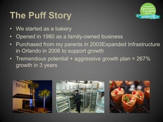 The Puff Story
• We started as a bakery
• Opened in 1980 as a family-owned business
• Purchased from my parents in 2003Expanded Infrastructure
  in Orlando in 2006 to support growth
• Tremendous potential + aggressive growth plan = 267%
  growth in 3 years
 
