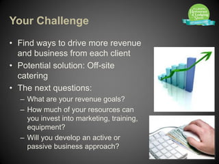 Your Challenge
• Find ways to drive more revenue
  and business from each client
• Potential solution: Off-site
  catering
• The next questions:
  – What are your revenue goals?
  – How much of your resources can
    you invest into marketing, training,
    equipment?
  – Will you develop an active or
    passive business approach?
 