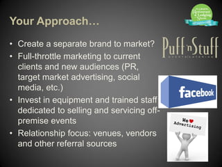 Your Approach…
• Create a separate brand to market?
• Full-throttle marketing to current
  clients and new audiences (PR,
  target market advertising, social
  media, etc.)
• Invest in equipment and trained staff
  dedicated to selling and servicing off-
  premise events
• Relationship focus: venues, vendors
  and other referral sources
 