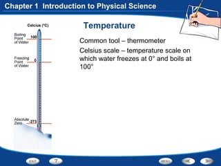 Temperature
Common tool – thermometer
Celsius scale – temperature scale on
which water freezes at 0° and boils at
100°
Chapter 1 Introduction to Physical Science
 