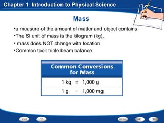 Mass
•a measure of the amount of matter and object contains
•The SI unit of mass is the kilogram (kg).
• mass does NOT change with location
•Common tool: triple beam balance
Chapter 1 Introduction to Physical Science
 