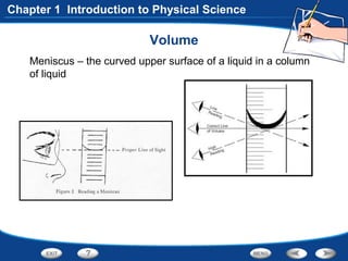 Volume
Meniscus – the curved upper surface of a liquid in a column
of liquid
Chapter 1 Introduction to Physical Science
 