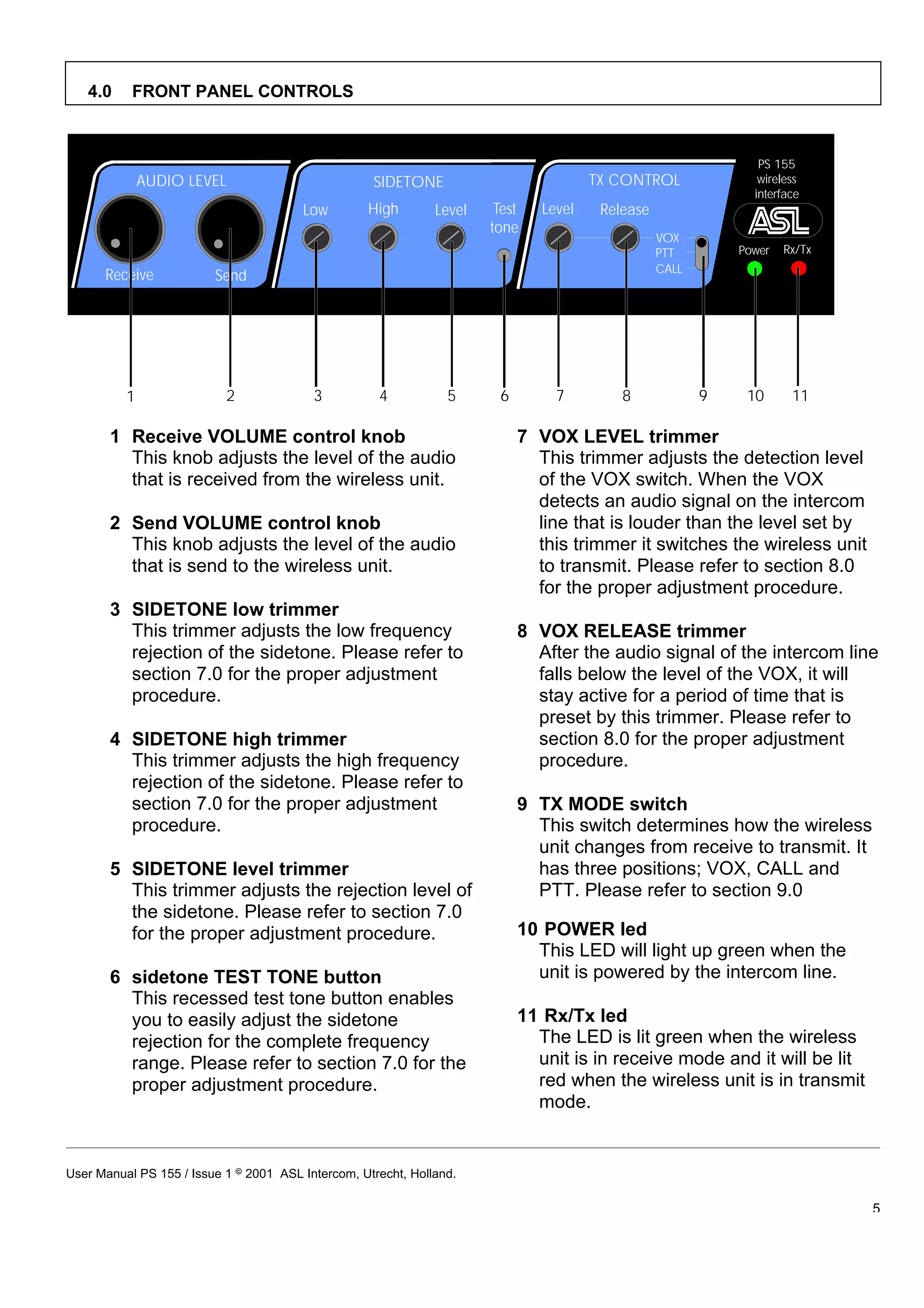 4.0     FRONT PANEL CONTROLS



                                                                                                                PS 155
              AUDIO LEVEL                           SIDETONE                           TX CONTROL               wireless
                                                                                                               interface
                                        Low        High        Level    Test   Level    Release
                                                                       tone
                                                                                                  VOX
                                                                                                  PTT        Power   Rx/Tx
                                                                                                  CALL
      Receive            Send




          1                 2             3          4           5      6        7         8             9    10      11

       1 Receive VOLUME control knob                                        7 VOX LEVEL trimmer
         This knob adjusts the level of the audio                             This trimmer adjusts the detection level
         that is received from the wireless unit.                             of the VOX switch. When the VOX
                                                                              detects an audio signal on the intercom
       2 Send VOLUME control knob                                             line that is louder than the level set by
         This knob adjusts the level of the audio                             this trimmer it switches the wireless unit
         that is send to the wireless unit.                                   to transmit. Please refer to section 8.0
                                                                              for the proper adjustment procedure.
       3 SIDETONE low trimmer
         This trimmer adjusts the low frequency                             8 VOX RELEASE trimmer
         rejection of the sidetone. Please refer to                           After the audio signal of the intercom line
         section 7.0 for the proper adjustment                                falls below the level of the VOX, it will
         procedure.                                                           stay active for a period of time that is
                                                                              preset by this trimmer. Please refer to
       4 SIDETONE high trimmer                                                section 8.0 for the proper adjustment
         This trimmer adjusts the high frequency                              procedure.
         rejection of the sidetone. Please refer to
         section 7.0 for the proper adjustment                              9 TX MODE switch
         procedure.                                                           This switch determines how the wireless
                                                                              unit changes from receive to transmit. It
       5 SIDETONE level trimmer                                               has three positions; VOX, CALL and
         This trimmer adjusts the rejection level of                          PTT. Please refer to section 9.0
         the sidetone. Please refer to section 7.0
         for the proper adjustment procedure.                               10 POWER led
                                                                              This LED will light up green when the
       6 sidetone TEST TONE button                                            unit is powered by the intercom line.
         This recessed test tone button enables
         you to easily adjust the sidetone                                  11 Rx/Tx led
         rejection for the complete frequency                                 The LED is lit green when the wireless
         range. Please refer to section 7.0 for the                           unit is in receive mode and it will be lit
         proper adjustment procedure.                                         red when the wireless unit is in transmit
                                                                              mode.


User Manual PS 155 / Issue 1 8 2001 ASL Intercom, Utrecht, Holland.

                                                                                                                             5
 