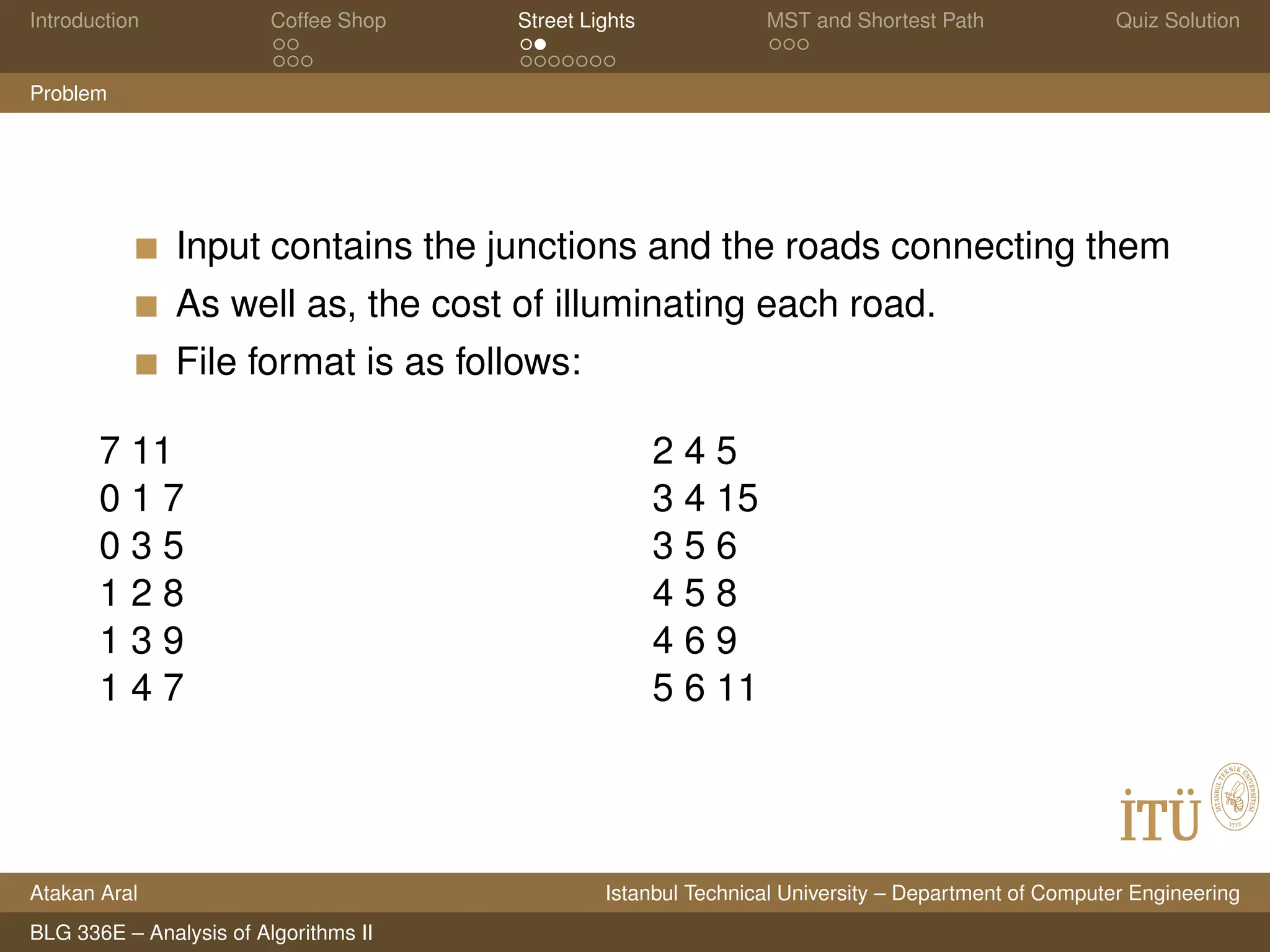 Introduction Coffee Shop Street Lights MST and Shortest Path Quiz Solution
Problem
Input contains the junctions and the roads connecting them
As well as, the cost of illuminating each road.
File format is as follows:
7 11
0 1 7
0 3 5
1 2 8
1 3 9
1 4 7
2 4 5
3 4 15
3 5 6
4 5 8
4 6 9
5 6 11
Atakan Aral Istanbul Technical University – Department of Computer Engineering
BLG 336E – Analysis of Algorithms II
 