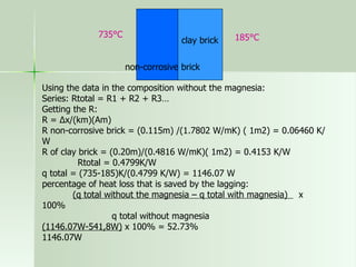 Using the data in the composition without the magnesia: Series: Rtotal = R1 + R2 + R3… Getting the R: R = ∆x/(km)(Am) R non-corrosive brick = (0.115m) /(1.7802 W/mK) ( 1m2) = 0.06460 K/W R of clay brick = (0.20m)/(0.4816 W/mK)( 1m2) = 0.4153 K/W Rtotal = 0.4799K/W q total = (735-185)K/(0.4799 K/W) = 1146.07 W percentage of heat loss that is saved by the lagging: (q total without the magnesia – q total with magnesia)  x  100% q total without magnesia (1146.07W-541,8W)  x 100% = 52.73% 1146.07W  non-corrosive brick  clay brick  735°C  185°C  