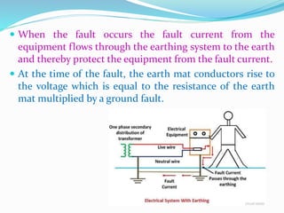 When the fault occurs the fault current from the
equipment flows through the earthing system to the earth
and thereby protect the equipment from the fault current.
 At the time of the fault, the earth mat conductors rise to
the voltage which is equal to the resistance of the earth
mat multiplied by a ground fault.
 