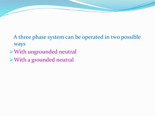 A three phase system can be operated in two possible
ways
With ungrounded neutral
With a grounded neutral
 