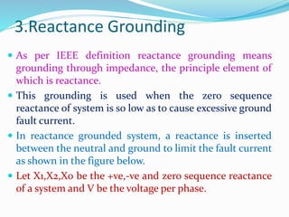 3.Reactance Grounding
 As per IEEE definition reactance grounding means
grounding through impedance, the principle element of
which is reactance.
 This grounding is used when the zero sequence
reactance of system is so low as to cause excessive ground
fault current.
 In reactance grounded system, a reactance is inserted
between the neutral and ground to limit the fault current
as shown in the figure below.
 Let X1,X2,X0 be the +ve,-ve and zero sequence reactance
of a system and V be the voltage per phase.
 