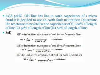  Ex)A 50HZ OH line has line to earth capacitance of 1 micro
farad.It is decided to use an earth fault neutraliser. Determine
the reactance to neutralise the capacitance of (i) 100% of length
of line (ii) 90% of length of line(iii) 80% of length of line.
 Sol)
 