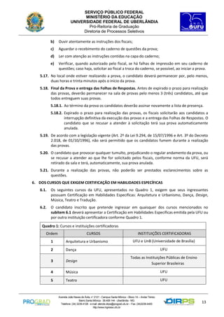 SERVIÇO PÚBLICO FEDERAL
MINISTÉRIO DA EDUCAÇÃO
UNIVERSIDADE FEDERAL DE UBERLÂNDIA
Pró-Reitoria de Graduação
Diretoria de Processos Seletivos
b)

Ouvir atentamente as instruções dos fiscais;

c)

Aguardar o recebimento do caderno de questões da prova;

d)

Ler com atenção as instruções contidas na capa do caderno;

e)

Verificar, quando autorizado pelo fiscal, se há falhas de impressão em seu caderno de
questões; caso haja, solicitar ao fiscal a troca do caderno, se possível, ao iniciar a prova.

5.17. No local onde estiver realizando a prova, o candidato deverá permanecer por, pelo menos,
duas horas e trinta minutos após o início da prova.
5.18. Final da Prova e entrega das Folhas de Respostas. Antes de expirado o prazo para realização
das provas, deverão permanecer na sala de provas pelo menos 3 (três) candidatos, até que
todos entreguem suas provas.
5.18.1. Ao término da prova os candidatos deverão assinar novamente a lista de presença.
5.18.2. Expirado o prazo para realização das provas, os fiscais solicitarão aos candidatos a
interrupção definitiva da execução das provas e a entrega das Folhas de Respostas. O
candidato que se recusar a atender à solicitação terá sua prova automaticamente
anulada.
5.19. De acordo com a legislação vigente (Art. 2º da Lei 9.294, de 15/07/1996 e Art. 3º do Decreto
2.018, de 01/10/1996), não será permitido que os candidatos fumem durante a realização
das provas.
5.20. O candidato que provocar qualquer tumulto, prejudicando o regular andamento da prova, ou
se recusar a atender ao que lhe for solicitado pelos fiscais, conforme norma da UFU, será
retirado da sala e terá, automaticamente, sua prova anulada.
5.21. Durante a realização das provas, não poderão ser prestados esclarecimentos sobre as
questões.
6. DOS CURSOS QUE EXIGEM CERTIFICAÇÃO EM HABILIDADES ESPECÍFICAS
6.1.

Os seguintes cursos da UFU, apresentados no Quadro 1, exigem que seus ingressantes
possuam Certificação em Habilidades Específicas: Arquitetura e Urbanismo, Dança, Design,
Música, Teatro e Tradução.

6.2.

O candidato inscrito que pretende ingressar em quaisquer dos cursos mencionados no
subitem 6.1 deverá apresentar a Certificação em Habilidades Específicas emitida pela UFU ou
por outra instituição certificadora conforme Quadro 1.

Quadro 1: Cursos e instituições certificadoras
Ordem

CURSOS

INSTITUIÇÕES CERTIFICADORAS
UFU e UnB (Universidade de Brasília)

1

Arquitetura e Urbanismo

2

Dança

UFU

3

Design

Todas as Instituições Públicas de Ensino
Superior Brasileiras

4

Música

UFU

5

Teatro

UFU

Avenida João Naves de Ávila, n° 2121 - Campus Santa Mônica – Bloco 1A – Andar Térreo
Bairro Santa Mônica - 38.408-144 - Uberlândia - MG
Telefone: (34) 3239-4128 - e-mail: atende.dirps@prograd.ufu.br – Fax: (34)3239-4400
http://www.ingresso.ufu.br

13

 
