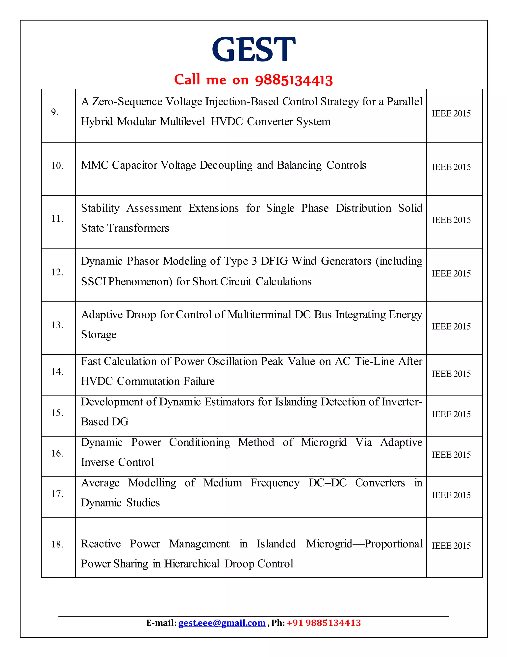 GEST
Call me on 9885134413
E-mail: gest.eee@gmail.com , Ph: +91 9885134413
9.
A Zero-Sequence Voltage Injection-Based Control Strategy for a Parallel
Hybrid Modular Multilevel HVDC Converter System
IEEE 2015
10. MMC Capacitor Voltage Decoupling and Balancing Controls IEEE 2015
11.
Stability Assessment Extensions for Single Phase Distribution Solid
State Transformers
IEEE 2015
12.
Dynamic Phasor Modeling of Type 3 DFIG Wind Generators (including
SSCIPhenomenon) for Short Circuit Calculations
IEEE 2015
13.
Adaptive Droop for Control of Multiterminal DC Bus Integrating Energy
Storage
IEEE 2015
14.
Fast Calculation of Power Oscillation Peak Value on AC Tie-Line After
HVDC Commutation Failure
IEEE 2015
15.
Development of Dynamic Estimators for Islanding Detection of Inverter-
Based DG
IEEE 2015
16.
Dynamic Power Conditioning Method of Microgrid Via Adaptive
Inverse Control
IEEE 2015
17.
Average Modelling of Medium Frequency DC–DC Converters in
Dynamic Studies
IEEE 2015
18. Reactive Power Management in Islanded Microgrid—Proportional
Power Sharing in Hierarchical Droop Control
IEEE 2015
 
