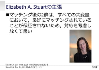 Elizabeth A. Stuartの主張
マッチング後の2群は，すべての共変量
において，良好にマッチングされている
ことが保証されないため，対応を考慮し
なくて良い
137
Stuart EA: Stat Med. 2008 May 30;27(12):2062-5
Stuart EA: Stat Sci. 2010 Feb 1;25(1):1-21
 
