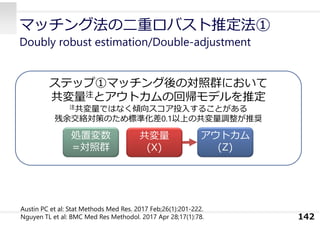 マッチング法の⼆重ロバスト推定法①
Doubly robust estimation/Double-adjustment
142
ステップ①マッチング後の対照群において
共変量注とアウトカムの回帰モデルを推定
注共変量ではなく傾向スコア投⼊することがある
残余交絡対策のため標準化差0.1以上の共変量調整が推奨
共変量
(X)
アウトカム
(Z)
処置変数
=対照群
Austin PC et al: Stat Methods Med Res. 2017 Feb;26(1):201-222.
Nguyen TL et al: BMC Med Res Methodol. 2017 Apr 28;17(1):78.
 