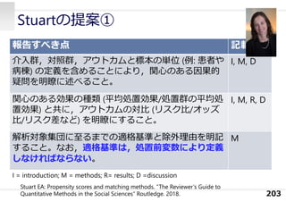 Stuartの提案①
203
報告すべき点 記載箇所
介⼊群，対照群，アウトカムと標本の単位 (例: 患者や
病棟) の定義を含めることにより，関⼼のある因果的
疑問を明瞭に述べること。
I, M, D
関⼼のある効果の種類 (平均処置効果/処置群の平均処
置効果) と共に，アウトカムの対⽐ (リスク⽐/オッズ
⽐/リスク差など) を明瞭にすること。
I, M, R, D
解析対象集団に⾄るまでの適格基準と除外理由を明記
すること。なお，適格基準は，処置前変数により定義
しなければならない。
M
I = introduction; M = methods; R= results; D =discussion
Stuart EA: Propensity scores and matching methods. “The Reviewer’s Guide to
Quantitative Methods in the Social Sciences“ Routledge. 2018.
 