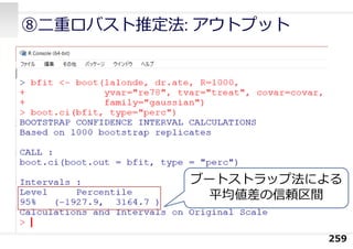 259
⑧⼆重ロバスト推定法: アウトプット
ブートストラップ法による
平均値差の信頼区間
 