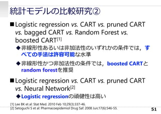 統計モデルの⽐較研究②
51
Logistic regression vs. CART vs. pruned CART
vs. bagged CART vs. Random Forest vs.
boosted CART[1]
⾮線形性あるいは⾮加法性のいずれかの条件では，す
べての⼿法は許容可能な⽔準
⾮線形性かつ⾮加法性の条件では，boosted CARTと
random forestを推奨
Logistic regression vs. CART vs. pruned CART
vs. Neural Network[2]
Logistic regressionの頑健性は⾼い
[1] Lee BK et al: Stat Med. 2010 Feb 10;29(3):337-46.
[2] Setoguchi S et al: Pharmacoepidemiol Drug Saf. 2008 Jun;17(6):546-55.
 