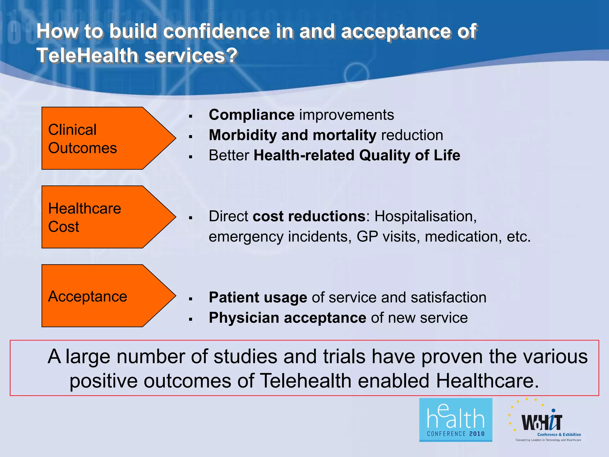 How to build confidence in and acceptance of
TeleHealth services?

                   Compliance improvements
 Clinical          Morbidity and mortality reduction
 Outcomes          Better Health-related Quality of Life


 Healthcare
                   Direct cost reductions: Hospitalisation,
 Cost
                    emergency incidents, GP visits, medication, etc.


 Acceptance        Patient usage of service and satisfaction
                   Physician acceptance of new service

 A large number of studies and trials have proven the various
    positive outcomes of Telehealth enabled Healthcare.
 