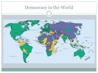 What is Democracy?Certain basic principles are necessary in any modern definition of democracy.Free and fair electionsMajority ruleFreedom of expressionFreedom of assembly and the right to protestMuch more emphasis on liberal norms, pluralismBroad participation, equality, human rights