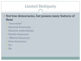Trends…maybeWealthy countries are more democraticPoor economic performance increases breakdown“there is no transition whose beginning is not the consequence…of important divisions within the authoritarian regime itself”“Elite Pacts” are good for democracyStrong “outgoing” elites are better off later