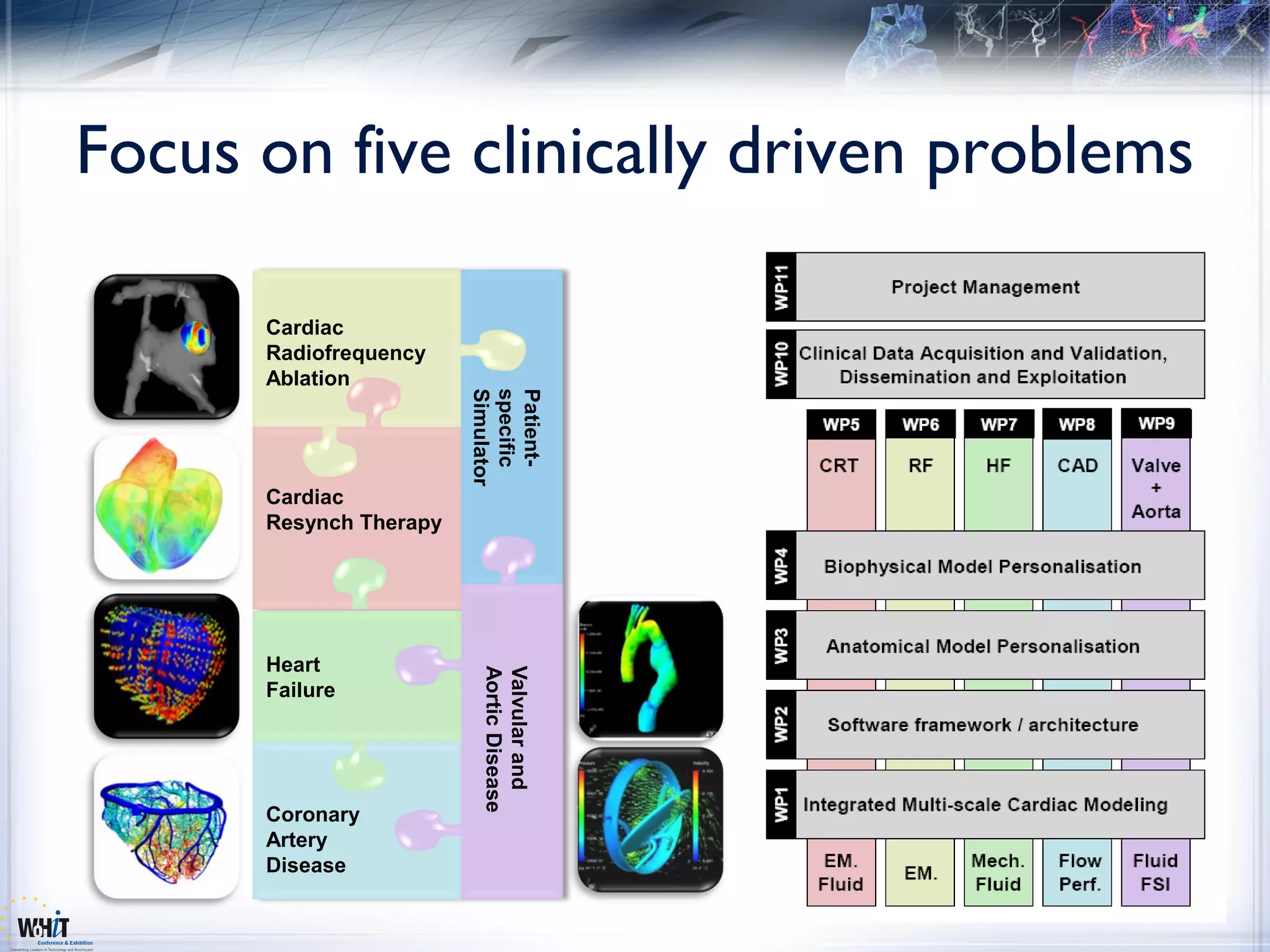 Focus on five clinically driven problems

      Cardiac
      Radiofrequency
      Ablation



                        Simulator
                        specific
                        Patient-
      Cardiac
      Resynch Therapy




      Heart
                         Aortic Disease
                         Valvular and




      Failure




      Coronary
      Artery
      Disease
 