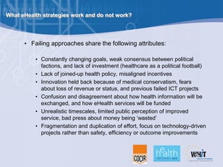What eHealth strategies work and do not work?




      • Failing approaches share the following attributes:

          • ...