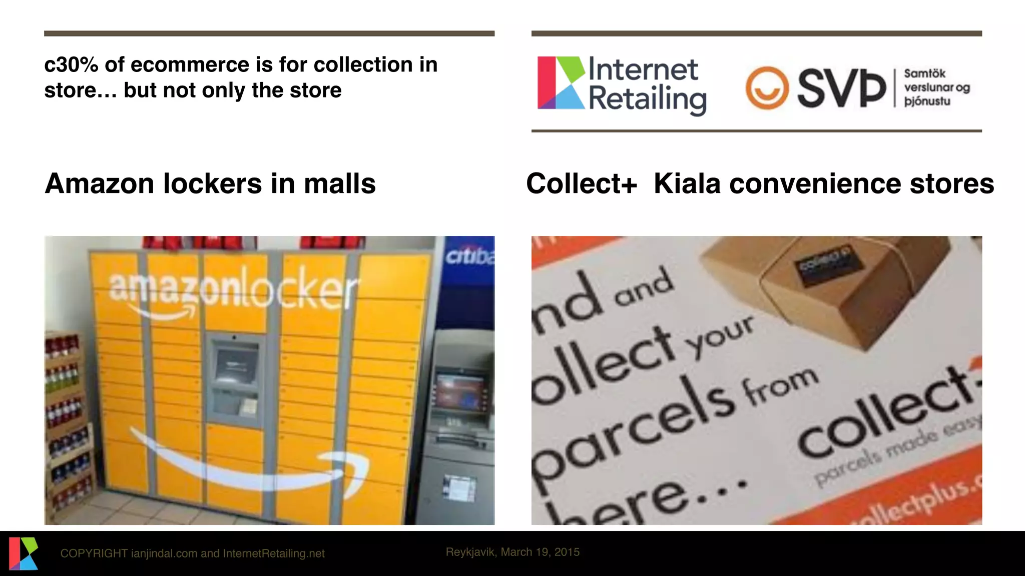 COPYRIGHT ianjindal.com and InternetRetailing.net Reykjavik, March 19, 2015
c30% of ecommerce is for collection in
store… but not only the store
Amazon lockers in malls Collect+ Kiala convenience stores
 