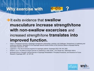 Why exercise with                                                                                ?

It exits evidence that swallow
    musculature increase strength/tone
    with non-swallow excercises and
    increased strength/tone translates into
    improved function.
•   Clark H: Therapeutic exercise in dysphagia management: philosophies, practices, and challenges. Perspectives on swallowing and
    swallowing disorders. Newsletter for the Dysphagia Special Interest Division of the American Speech-Language-Hearing
    Association 14(2):24–27, 2005
•   Logemann J: The role of exercise programs for dysphagia patients. Dysphagia 20(2):139–140, 2005.
•   Robbins J et al. The effects of lingual exercise on swallowing in older adults. J Am Geriatr Soc. 2005;53(9):1483-9.
•   Burkhead LM et al. Strength-Training Exercise in Dysphagia Rehabilitation: Principles,Procedures, and Directions for Future
    Research. Dysphagia 2007; 22: 251–65.




                                                                                                                                     6
 