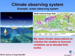 Climate observing system
                      Example: ocean observing system
                                   Multi-national Argo fleet




                                   We need climate observations to
                                   initialize the models to forecast
                                   variations up to decadal time
                                   scales

WCC-3, Geneva, 31 Aug-4 Sep 2009
 